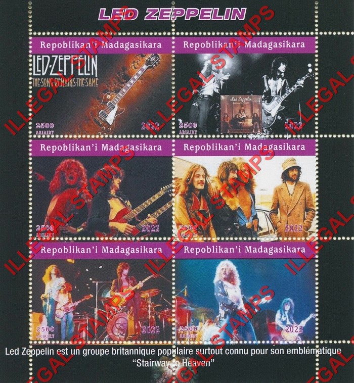 Madagascar 2022 Led Zeppelin Illegal Stamp Souvenir Sheet of 6