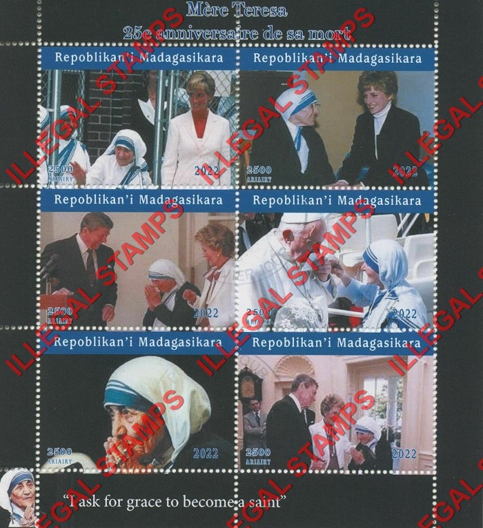 Madagascar 2022 Mother Teresa Illegal Stamp Souvenir Sheet of 6