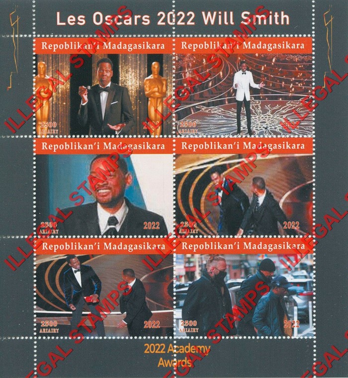 Madagascar 2022 Oscars Will Smith Hand Slap Illegal Stamp Souvenir Sheet of 6
