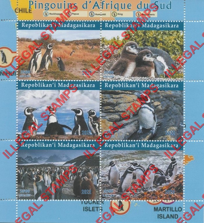 Madagascar 2022 Penguins in South Africa Illegal Stamp Souvenir Sheet of 6