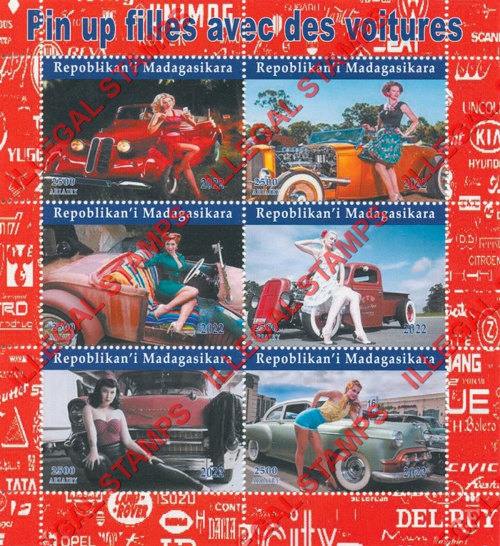 Madagascar 2022 Pin-up Girls and Cars Illegal Stamp Souvenir Sheet of 6
