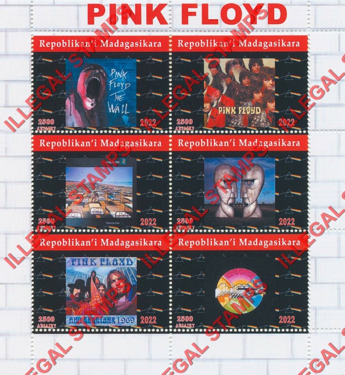 Madagascar 2022 Pink Floyd Album Covers Illegal Stamp Souvenir Sheet of 6