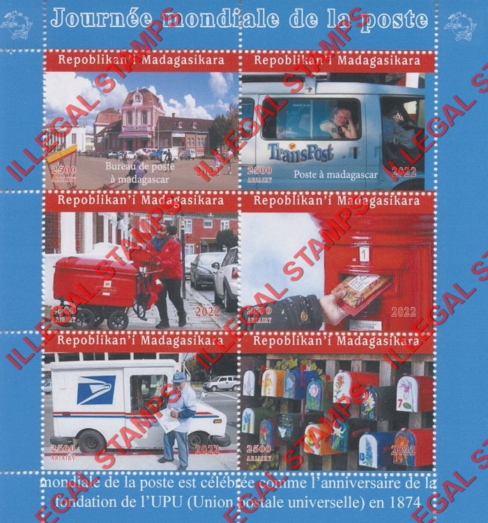 Madagascar 2022 Postal Service UPU Illegal Stamp Souvenir Sheet of 6
