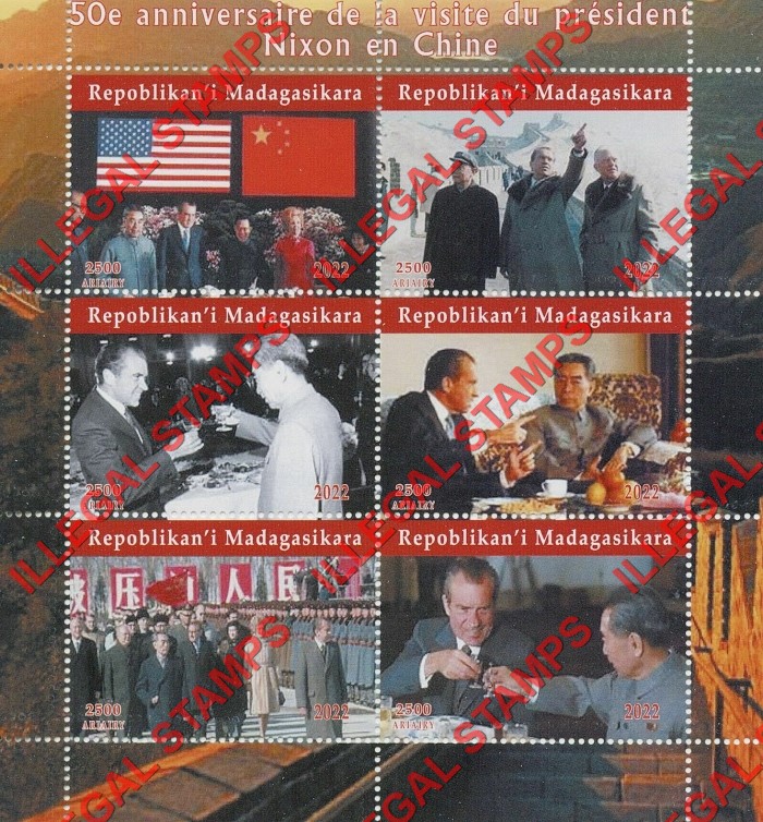 Madagascar 2022 President Nixon Visit to China Illegal Stamp Souvenir Sheet of 6