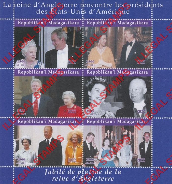 Madagascar 2022 Queen Elizabeth II with Presidents Illegal Stamp Souvenir Sheet of 6 (Sheet 1)