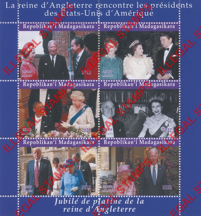 Madagascar 2022 Queen Elizabeth II with Presidents Illegal Stamp Souvenir Sheet of 6 (Sheet 2)
