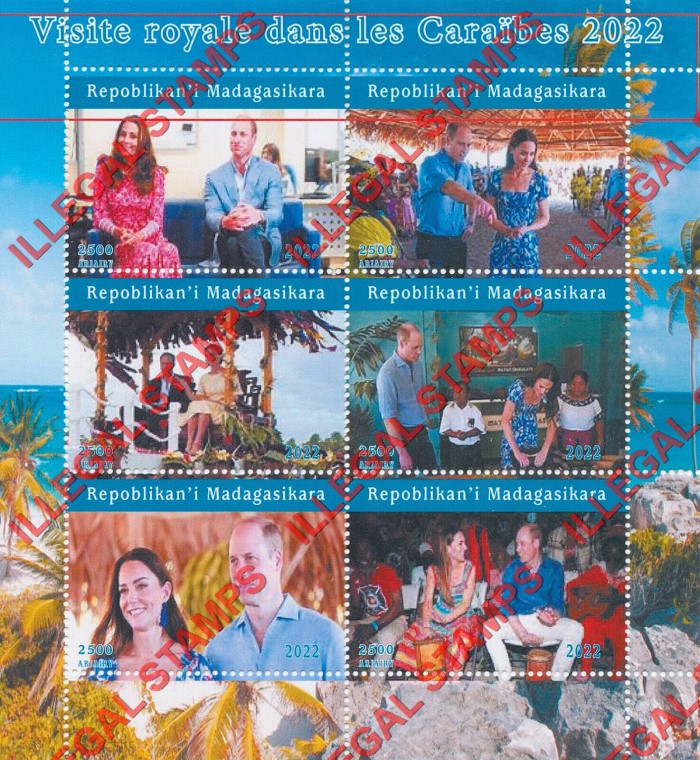 Madagascar 2022 Royal Visits in the Caribbean William and Kate Illegal Stamp Souvenir Sheet of 6