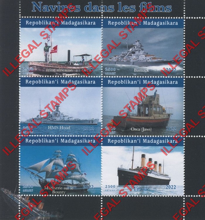 Madagascar 2022 Ships in Movies Illegal Stamp Souvenir Sheet of 6