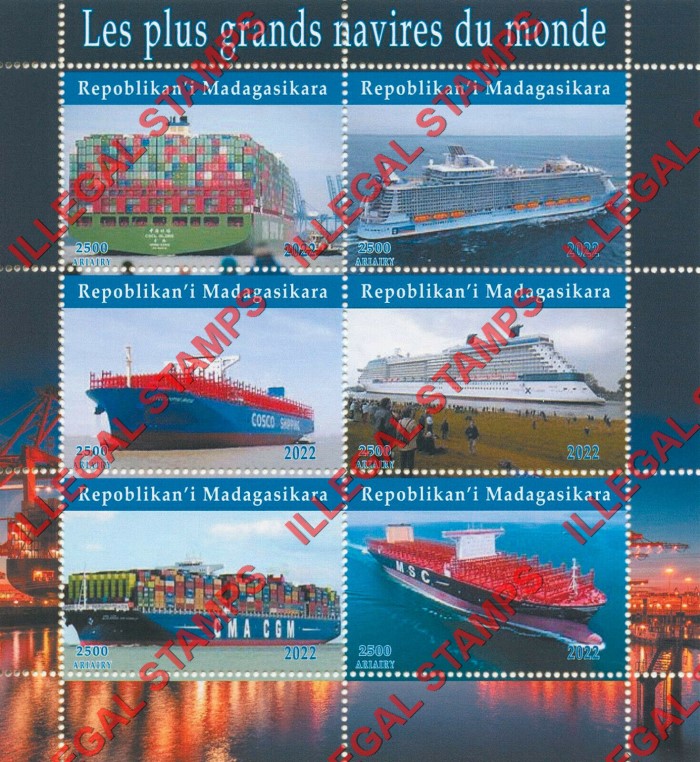 Madagascar 2022 Ships Largest in the World Illegal Stamp Souvenir Sheet of 6