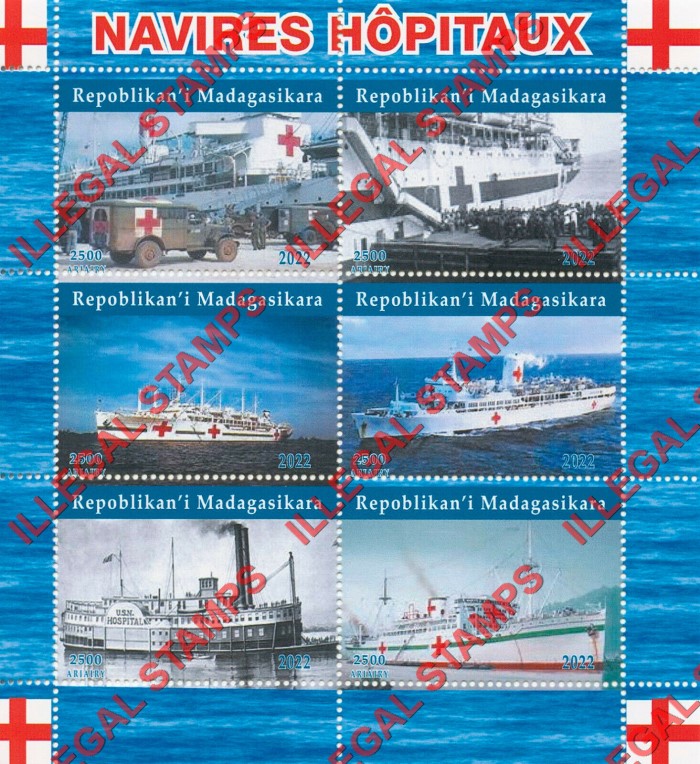 Madagascar 2022 Ships Red Cross Hospital Illegal Stamp Souvenir Sheet of 6