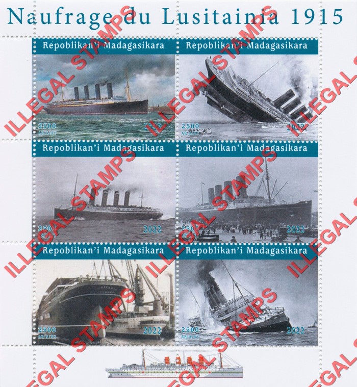 Madagascar 2022 Ships Sinking of Lusitainia 1915 Illegal Stamp Souvenir Sheet of 6