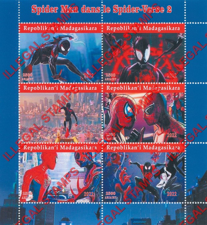 Madagascar 2022 Spider Man Spider-Verse 2 Illegal Stamp Souvenir Sheet of 6