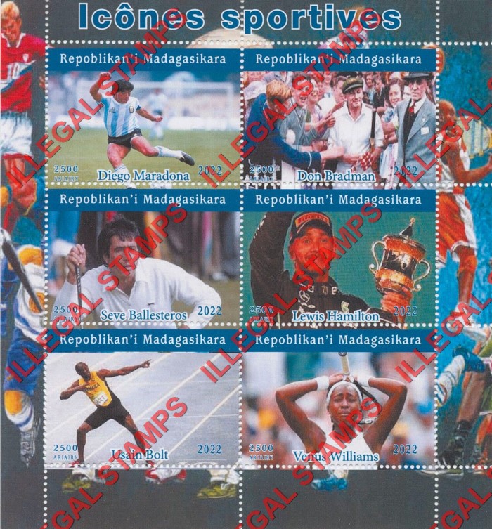 Madagascar 2022 Sports Icons Illegal Stamp Souvenir Sheet of 6 (Sheet 1)