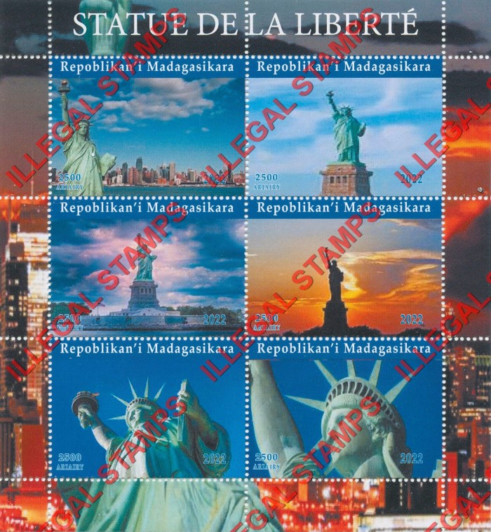 Madagascar 2022 Statue of Liberty Illegal Stamp Souvenir Sheet of 6