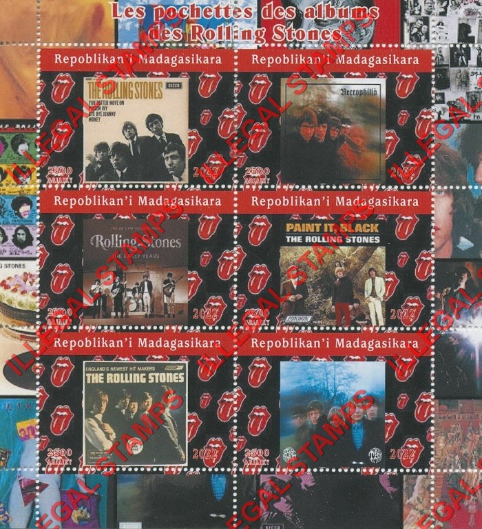 Madagascar 2022 The Rolling Stones Album Covers Illegal Stamp Souvenir Sheet of 6