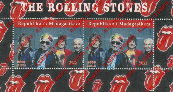 Madagascar 2022 The Rolling Stones Rock Band Illegal Stamp Souvenir Sheet of 2 (Sheet 3)