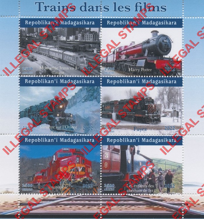 Madagascar 2022 Trains in Movies Illegal Stamp Souvenir Sheet of 6
