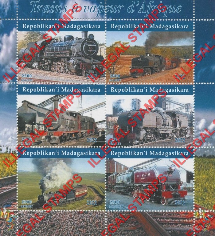 Madagascar 2022 Trains Steam Locomotives Illegal Stamp Souvenir Sheet of 6