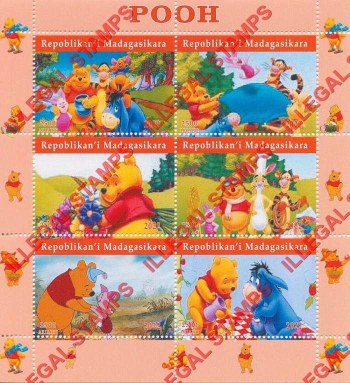 Madagascar 2022 Winnie the Pooh Illegal Stamp Souvenir Sheet of 6