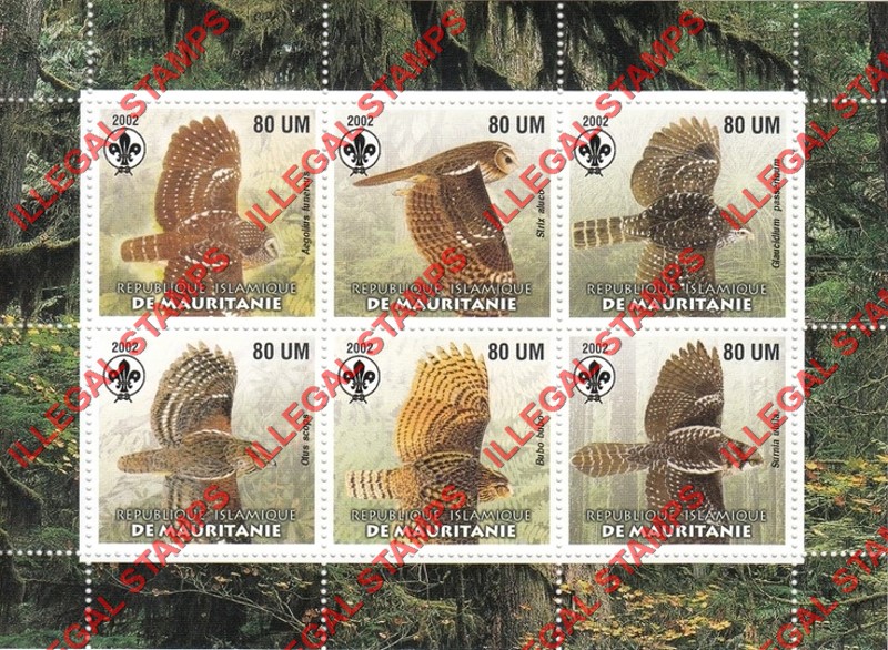 MAURITANIA 2002 Birds of Prey with Scouts Logo Counterfeit Illegal Stamp Souvenir Sheet of 6 (Sheet 1)