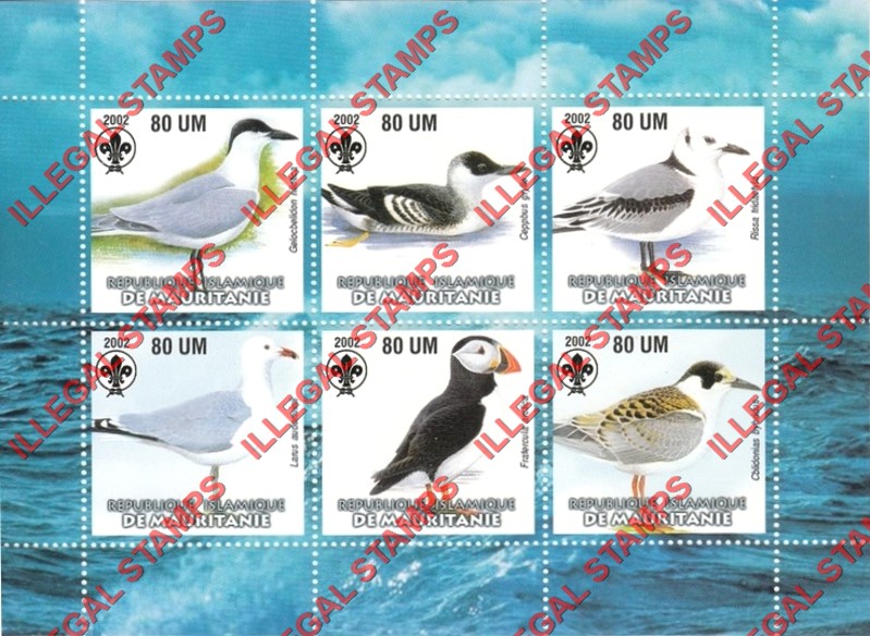 MAURITANIA 2002 Sea Birds with Scouts Logo Counterfeit Illegal Stamp Souvenir Sheet of 6 (Sheet 1)