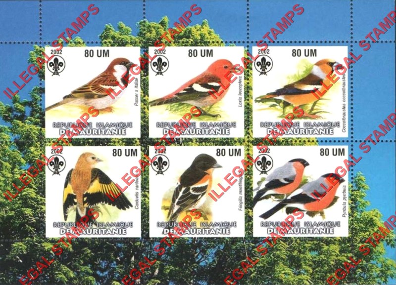 MAURITANIA 2002 Song Birds with Scouts Logo Counterfeit Illegal Stamp Souvenir Sheet of 6