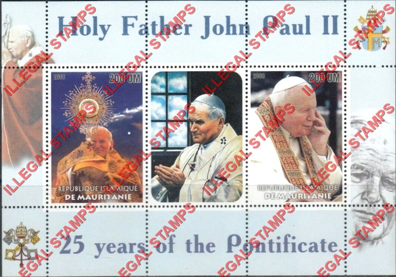 MAURITANIA 2003 Pope John Paul II Counterfeit Illegal Stamp Souvenir Sheet of 3