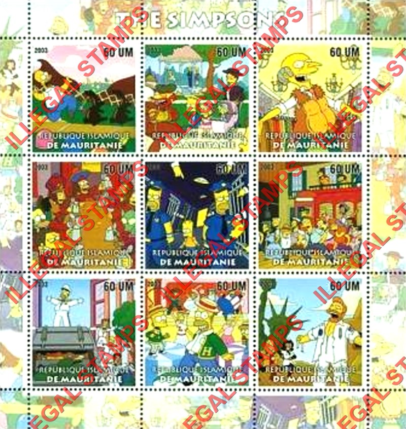 MAURITANIA 2003 The Simpsons Counterfeit Illegal Stamp Souvenir Sheet of 9