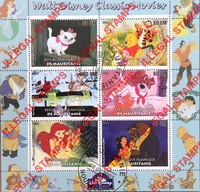 MAURITANIA 2003 Walt Disney Classic Movies Counterfeit Illegal Stamp Souvenir Sheet of 6