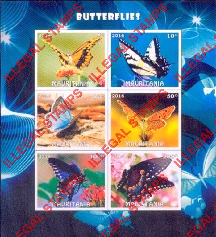 MAURITANIA 2016 Butterflies Counterfeit Illegal Stamp Souvenir Sheet of 6 (Sheet 1)