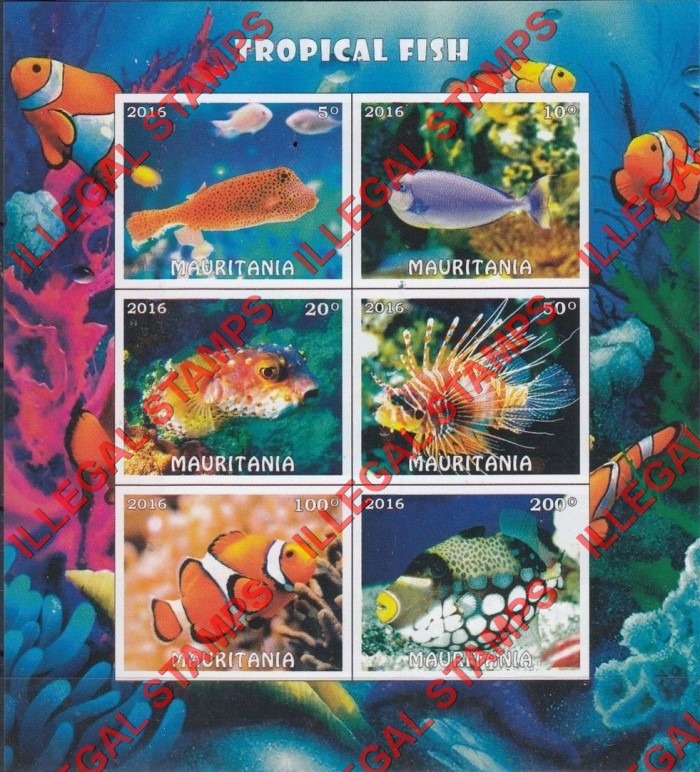 MAURITANIA 2016 Tropical Fish Counterfeit Illegal Stamp Souvenir Sheet of 6 (Sheet 1)
