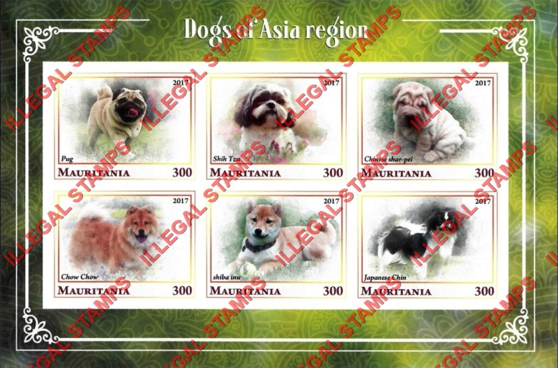 MAURITANIA 2017 Dogs of the Asia Region Counterfeit Illegal Stamp Souvenir Sheet of 6 (Sheet 2)