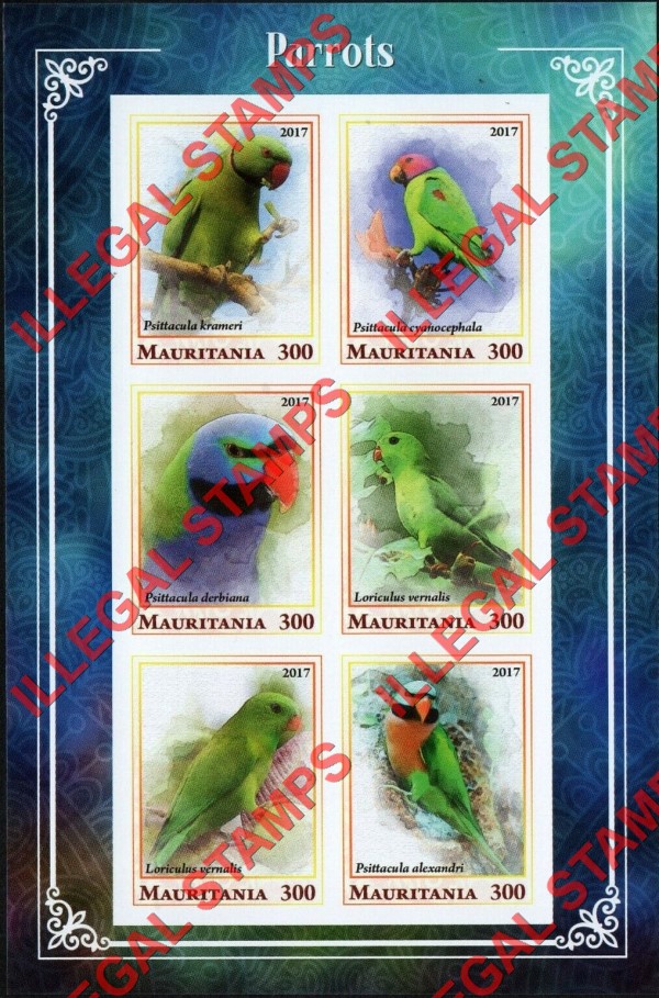 MAURITANIA 2017 Parrots Counterfeit Illegal Stamp Souvenir Sheet of 6 (Sheet 1)