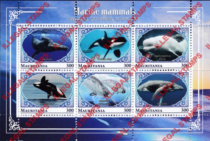 MAURITANIA 2018 Marine Mammals Whales Dolphins Porpoises Counterfeit Illegal Stamp Souvenir Sheet of 6 (Sheet 1)