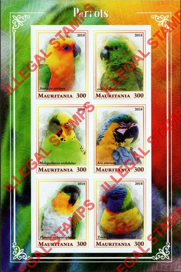 MAURITANIA 2018 Parrots Counterfeit Illegal Stamp Souvenir Sheet of 6 (Sheet 2)