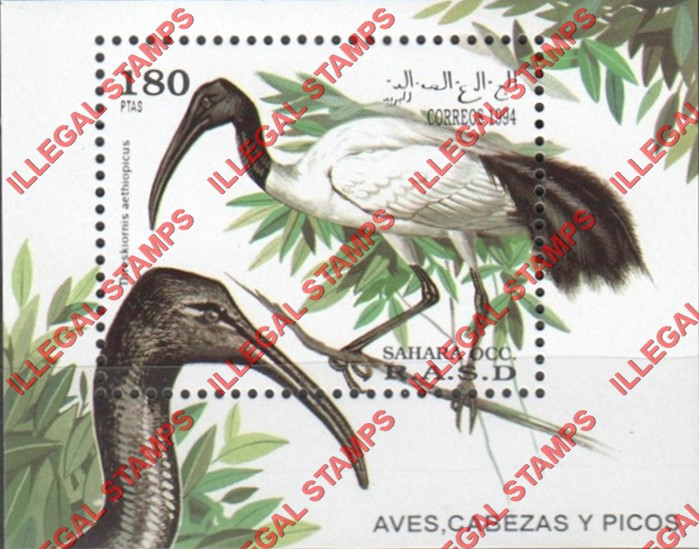 Sahara Occ. RASD 1994 Birds Counterfeit Illegal Stamp Souvenir Sheet of 1