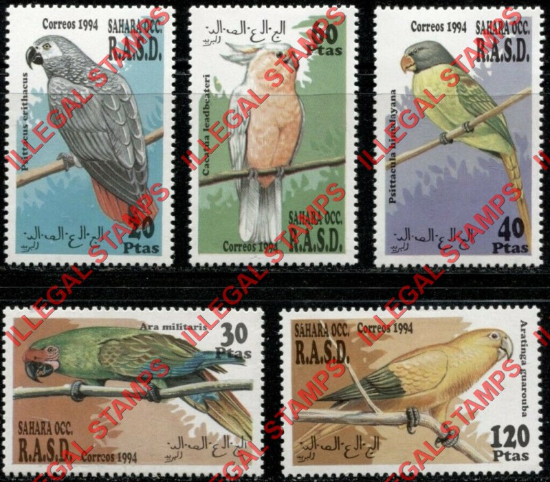Sahara Occ. RASD 1994 Parrots Counterfeit Illegal Stamp Set of 5