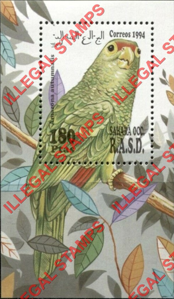Sahara Occ. RASD 1994 Parrots Counterfeit Illegal Stamp Souvenir Sheet of 1