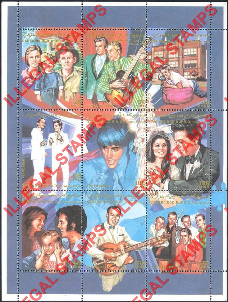 Sahara Occ. RASD 1996 Elvis Presley Counterfeit Illegal Stamp Souvenir Sheet of 9