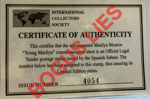 Sahara Occ. RASD 1996 Marilyn Monroe (Young Marilyn) Counterfeit Illegal Stamp Souvenir Sheet of 1 Bogus ICS Certificate