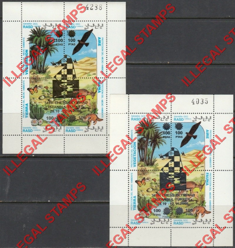 Sahara Occ. RASD Chess Olympiad Overprint on 1992 Environmental Protection Counterfeit Illegal Stamp Souvenir Sheet of 4