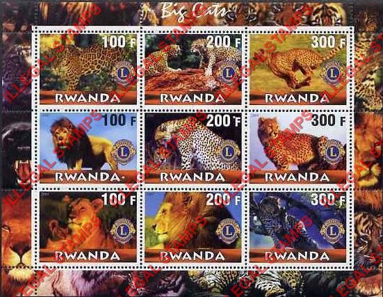 Rwanda 2000 Big Cats Illegal Stamp Sheet of Nine