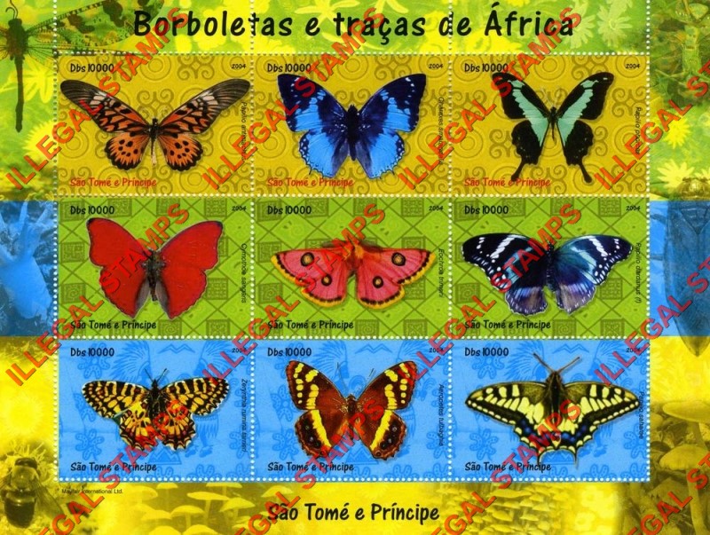 Saint Thomas and Prince Islands 2004 Butterflies of Africa Illegal Stamp Souvenir Sheet of 9