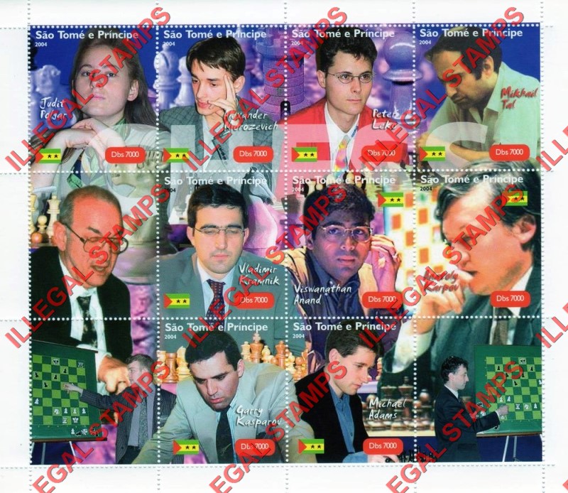 Saint Thomas and Prince Islands 2004 Chess Players Illegal Stamp Souvenir Sheet of 9 With 3 Labels