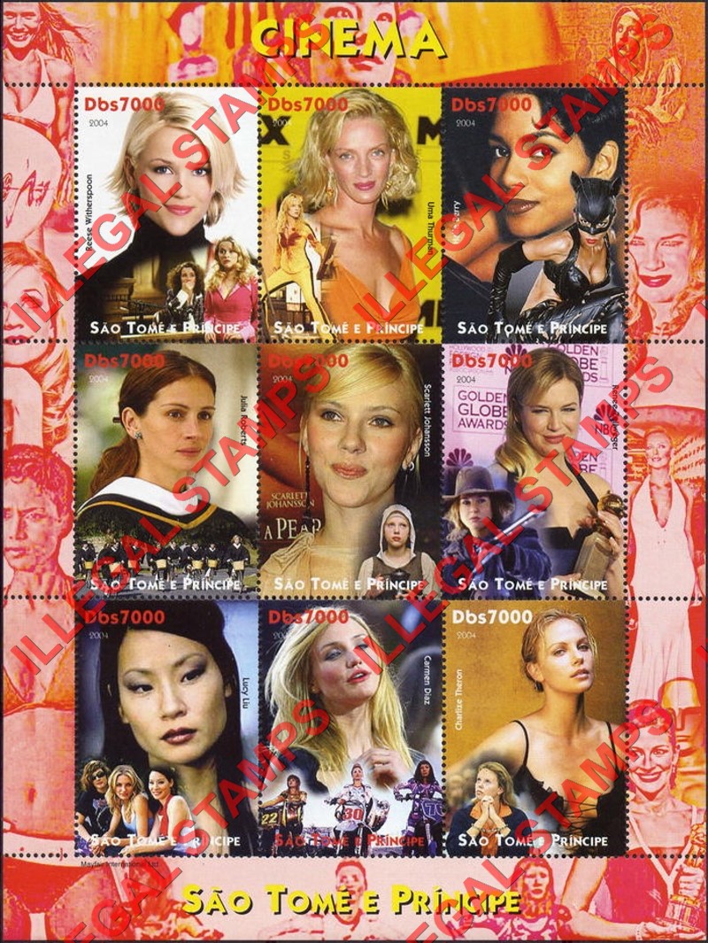 Saint Thomas and Prince Islands 2004 Cinema Actors and Actresses Illegal Stamp Souvenir Sheet of 9 (Sheet 1)