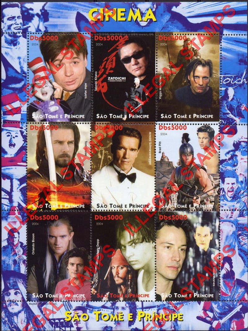 Saint Thomas and Prince Islands 2004 Cinema Actors and Actresses Illegal Stamp Souvenir Sheet of 9 (Sheet 3)