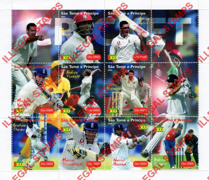 Saint Thomas and Prince Islands 2004 Cricket Players Illegal Stamp Souvenir Sheet of 9 With 3 Labels