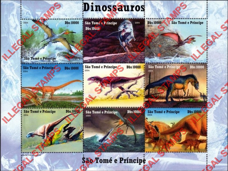 Saint Thomas and Prince Islands 2004 Dinosaurs Illegal Stamp Souvenir Sheet of 9