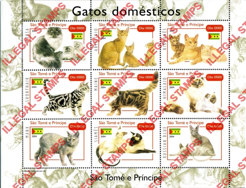 Saint Thomas and Prince Islands 2004 Domestic Cats Illegal Stamp Souvenir Sheet of 9