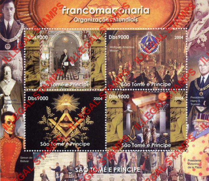 Saint Thomas and Prince Islands 2004 Freemasons Illegal Stamp Souvenir Sheet of 9